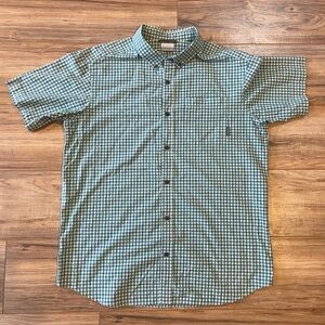 Columbia Men’s Short Sleeve Button-Up Shirt Green Blue Plaid Check Size Large